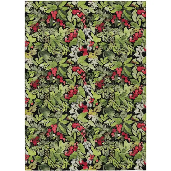 Black Green And Red Botanical Leaves Washable Indoor Outdoor Area Rug Photo 1