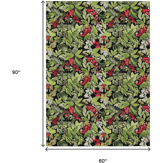 Black Green And Red Botanical Leaves Washable Indoor Outdoor Area Rug Photo 9