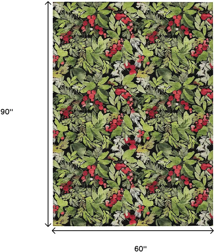 Black Green And Red Botanical Leaves Washable Indoor Outdoor Area Rug Photo 9
