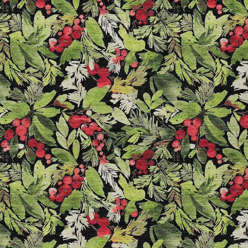 Black Green And Red Botanical Leaves Washable Indoor Outdoor Area Rug Photo 6