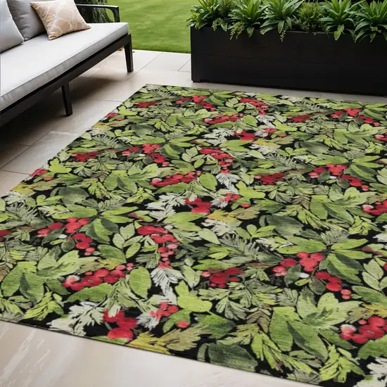 Black Green And Red Botanical Leaves Washable Indoor Outdoor Area Rug Photo 2
