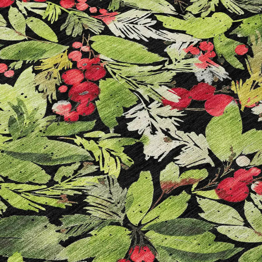 Black Green And Red Botanical Leaves Washable Indoor Outdoor Area Rug Photo 7