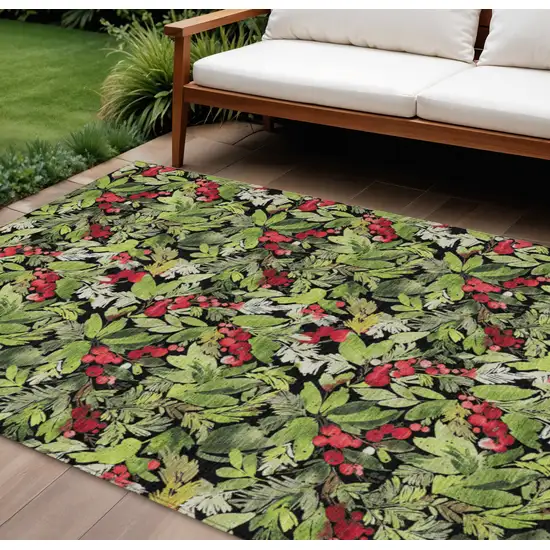 Black Green And Red Botanical Leaves Washable Indoor Outdoor Area Rug Photo 2
