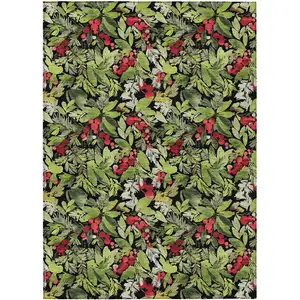 Photo of Black Green And Red Botanical Leaves Washable Indoor Outdoor Area Rug