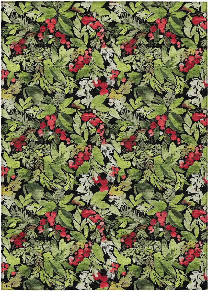 Black Green And Red Botanical Leaves Washable Indoor Outdoor Area Rug Photo 1