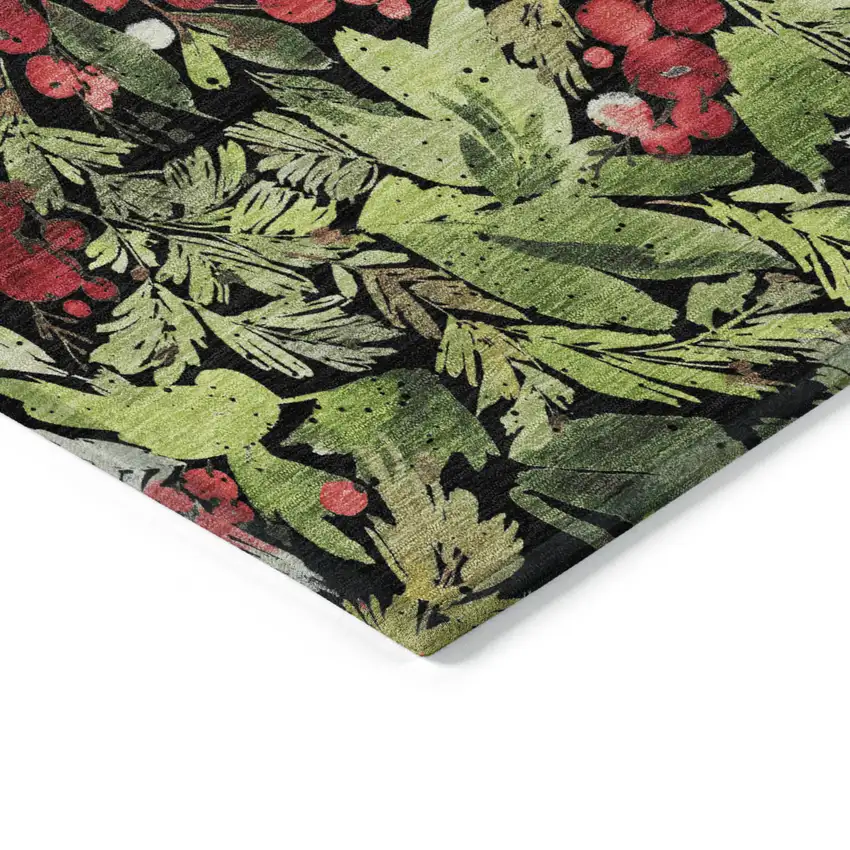 Black Green And Red Botanical Leaves Washable Indoor Outdoor Area Rug Photo 6