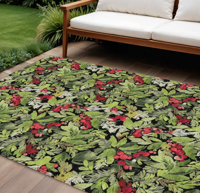 Black Green And Red Botanical Leaves Washable Indoor Outdoor Area Rug Photo 2