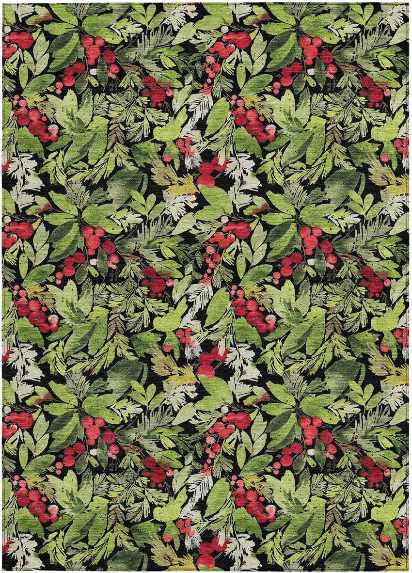 Black Green And Red Botanical Leaves Washable Indoor Outdoor Area Rug Photo 3