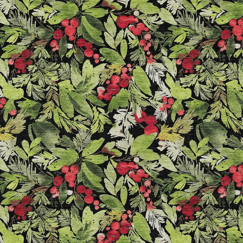 Black Green And Red Botanical Leaves Washable Indoor Outdoor Area Rug Photo 7