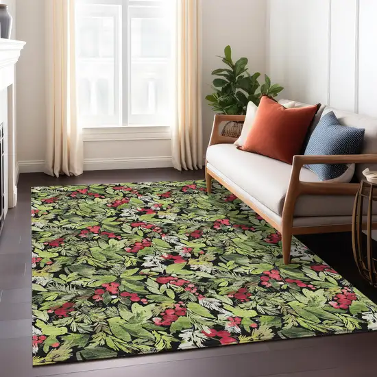 Black Green And Red Botanical Leaves Washable Indoor Outdoor Area Rug Photo 7