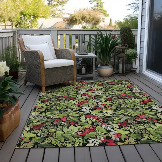 Black Green And Red Botanical Leaves Washable Indoor Outdoor Area Rug Photo 8