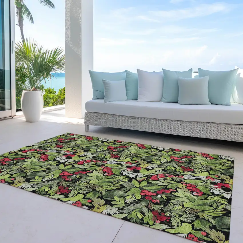 Black Green And Red Botanical Leaves Washable Indoor Outdoor Area Rug Photo 5