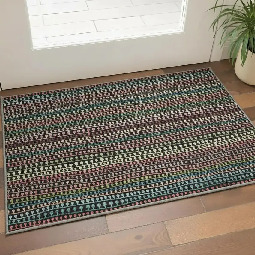 Black Green And Red Striped Washable Area Rug With UV Protection Photo 2