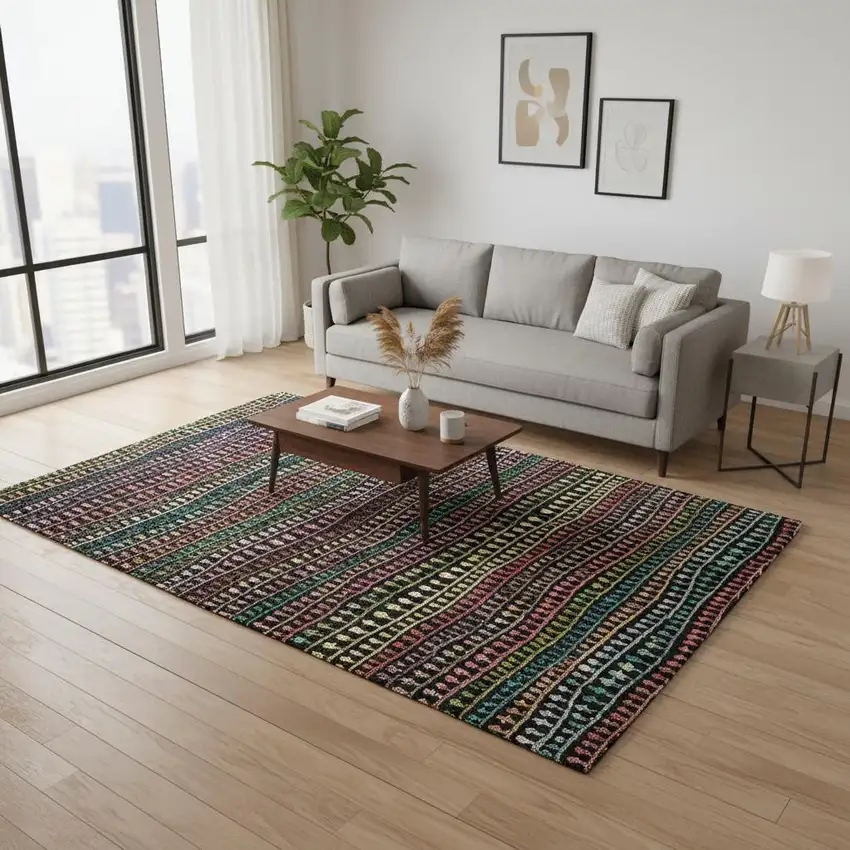 Black Green And Red Striped Washable Area Rug With UV Protection Photo 2