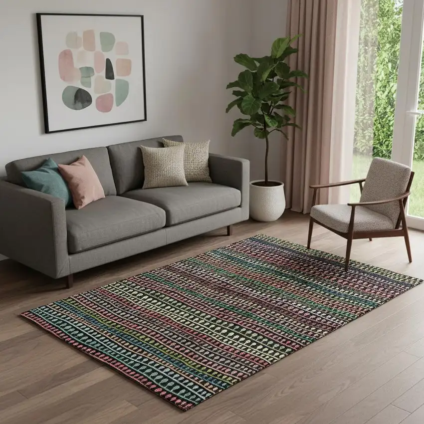 Black Green And Red Striped Washable Area Rug With UV Protection Photo 1