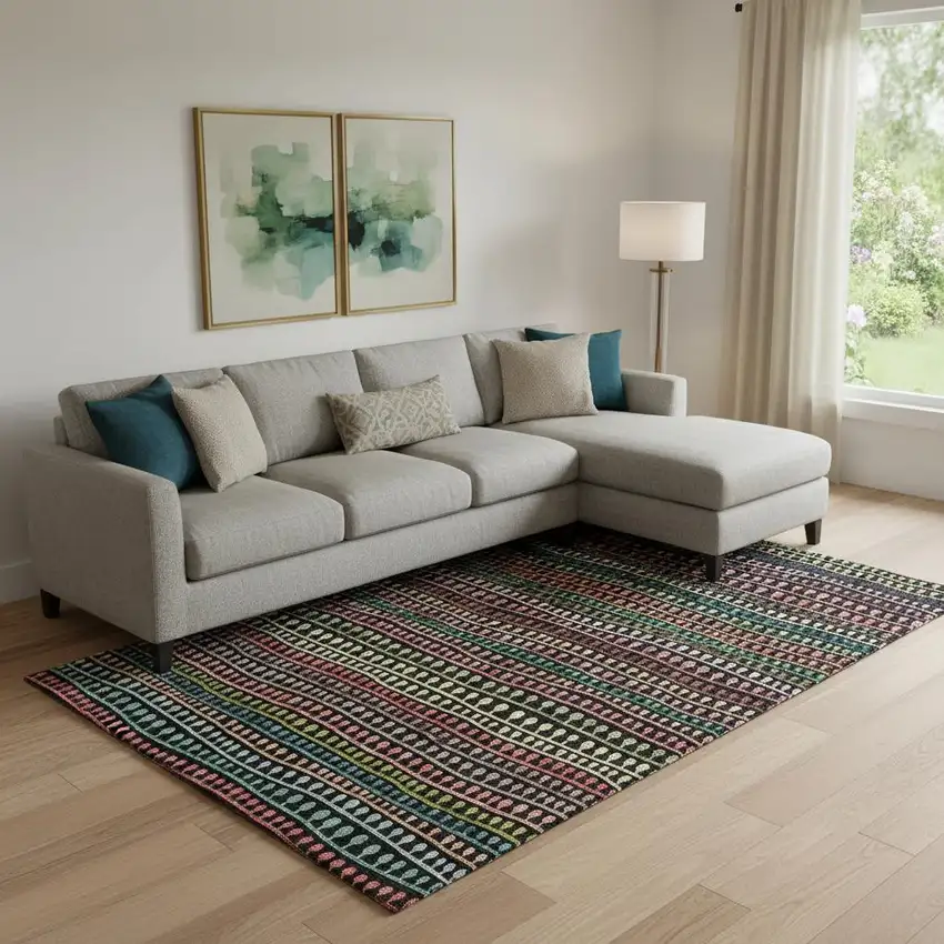 Black Green And Red Striped Washable Area Rug With UV Protection Photo 1