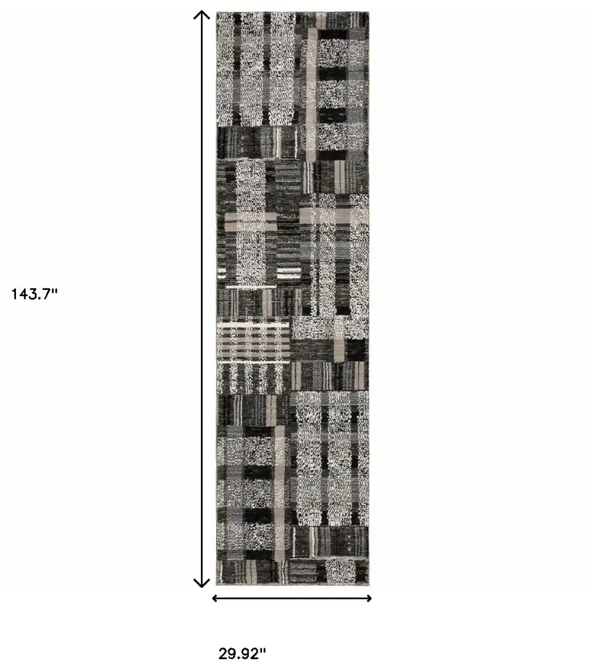 Black Grey And Ivory Geometric Power Loom Stain Resistant Runner Rug Photo 8