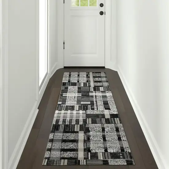 12' Black Gray And Ivory Geometric Runner Rug Photo 1