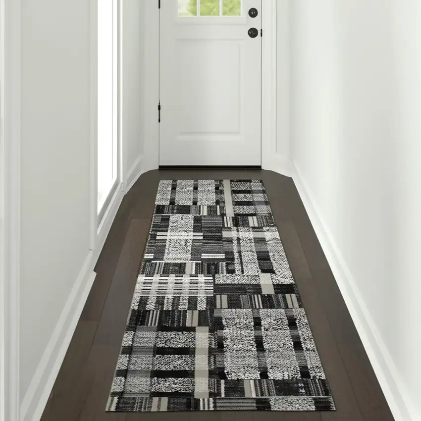 12' Black Gray And Ivory Geometric Runner Rug Photo 1