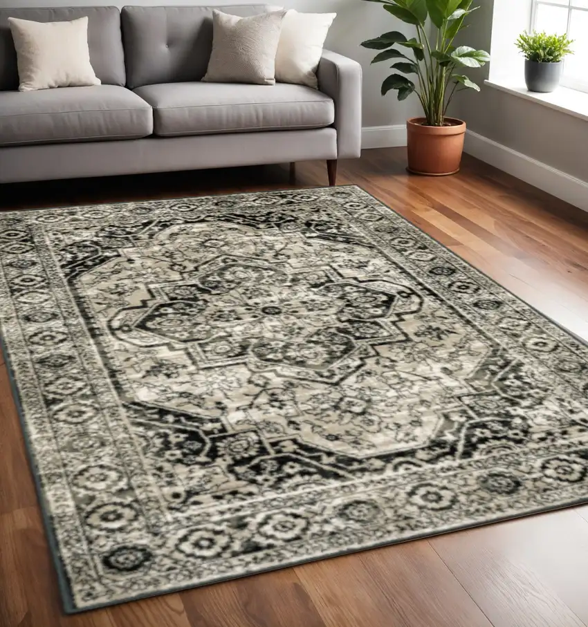Black Grey Tan And Ivory Oriental Power Loom Stain Resistant Area Rug Photo 1