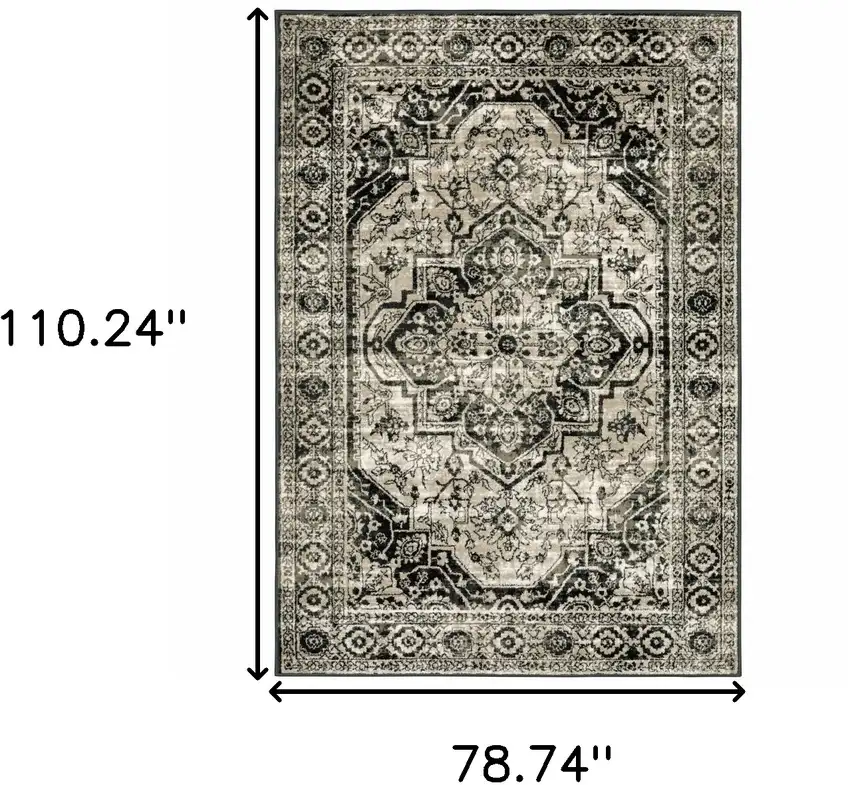 Black Grey Tan And Ivory Oriental Power Loom Stain Resistant Area Rug Photo 10