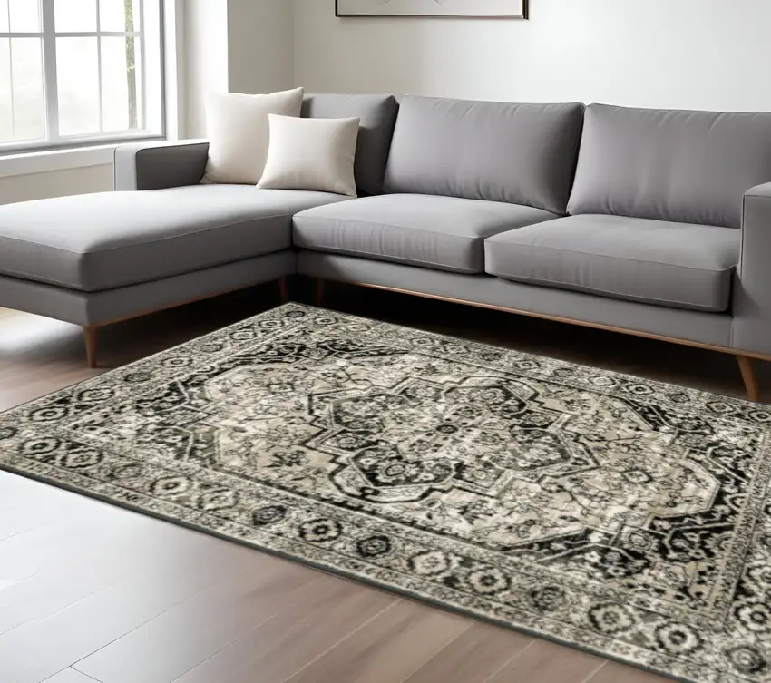 Black Grey Tan And Ivory Oriental Power Loom Stain Resistant Area Rug Photo 1