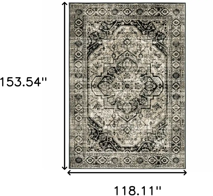 Black Grey Tan And Ivory Oriental Power Loom Stain Resistant Area Rug Photo 10