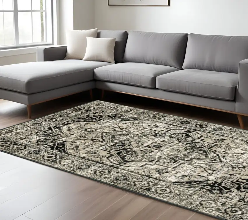 Gray and Ivory Oriental Power Loom Area Rug Photo 1