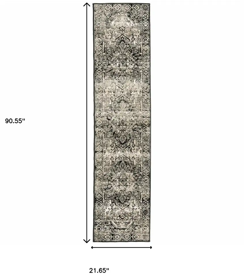 Black Grey Tan And Ivory Oriental Power Loom Stain Resistant Runner Rug Photo 10