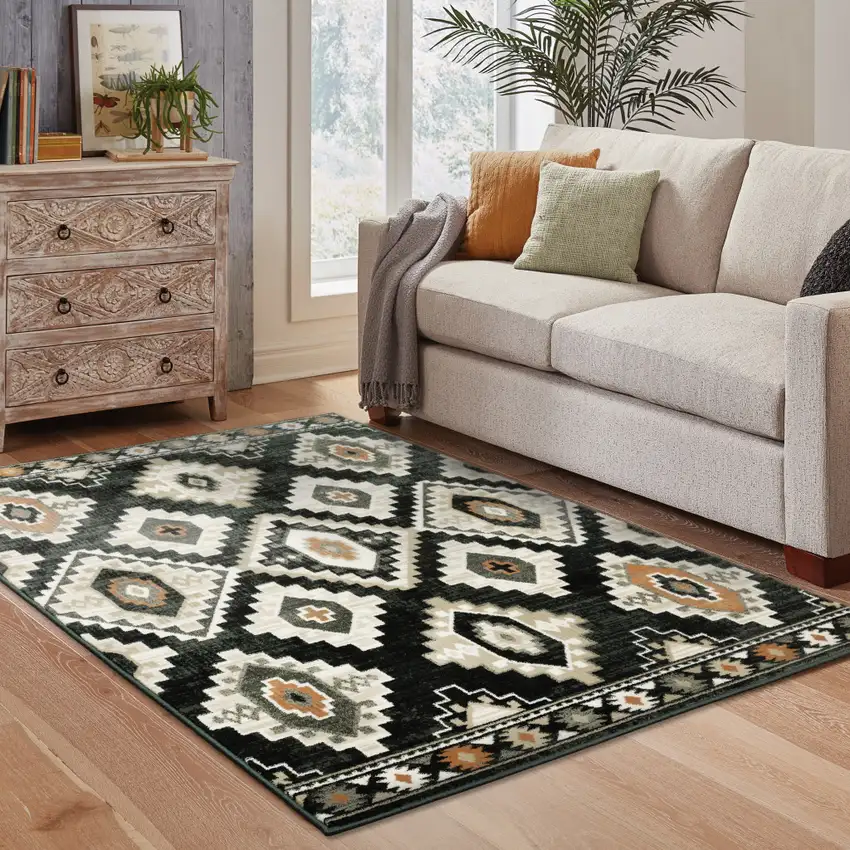 Black Grey Tan Orange And Ivory Southwestern Power Loom Stain Resistant Area Rug Photo 8