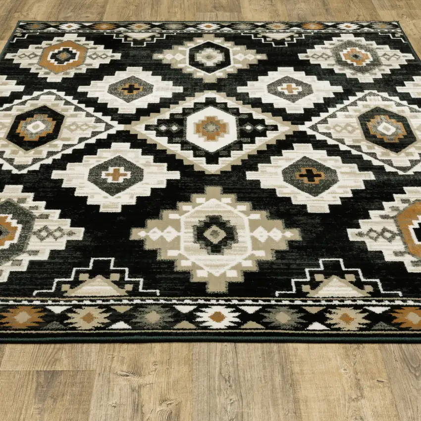 Black Grey Tan Orange And Ivory Southwestern Power Loom Stain Resistant Area Rug Photo 7