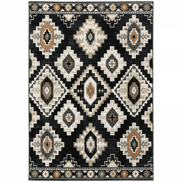 Black Grey Tan Orange And Ivory Southwestern Power Loom Stain Resistant Area Rug Photo 3