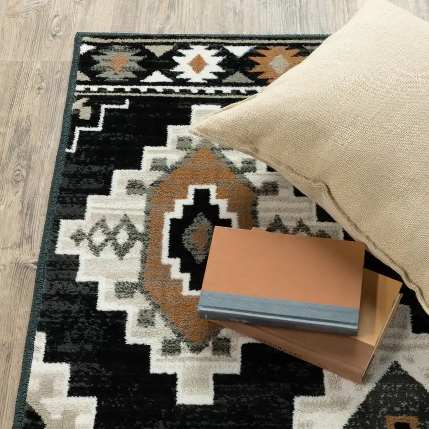 Black Grey Tan Orange And Ivory Southwestern Power Loom Stain Resistant Area Rug Photo 9