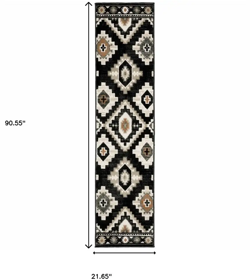 2' X 8' Black Grey Tan Orange And Ivory Southwestern Power Loom Stain Resistant Runner Rug Photo 3