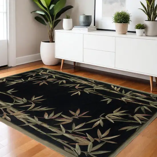 Black Green And Brown Wool Tropical Botanical Hand Tufted Area Rug Photo 1