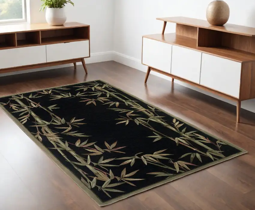 Black Hand Tufted Bordered Bamboo Indoor Area Rug Photo 1