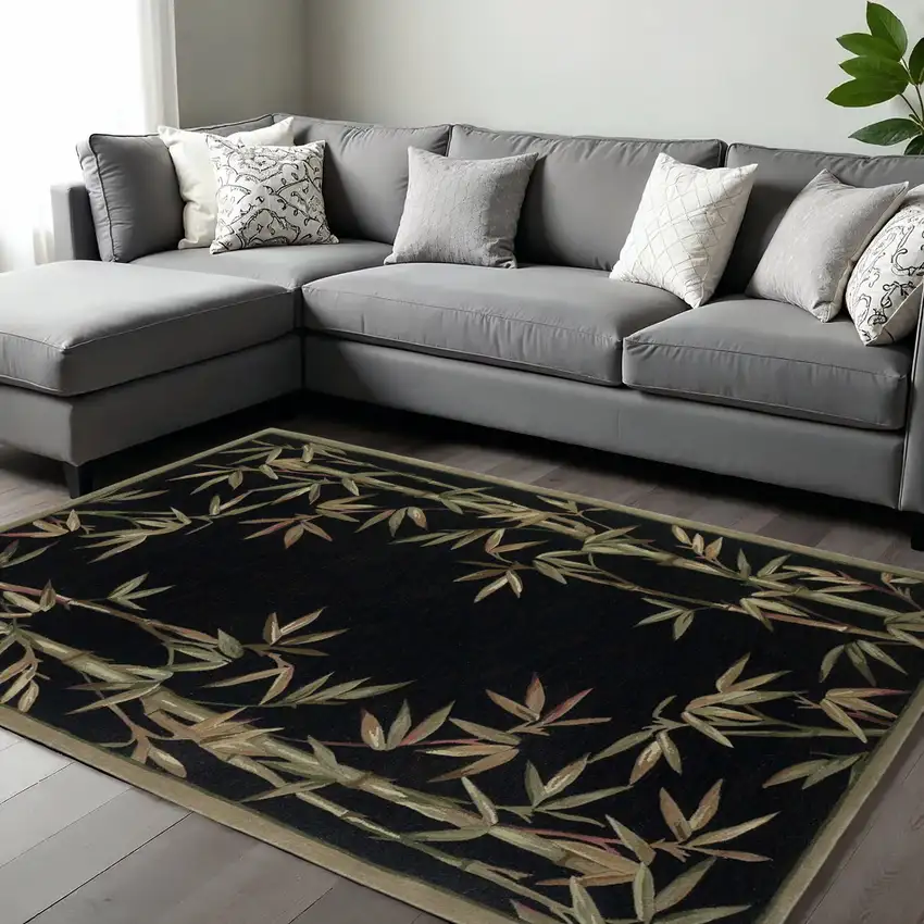 Black Green And Brown Wool Tropical Botanical Hand Tufted Area Rug Photo 1