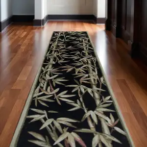 Photo of Black Hand Tufted Bordered Tropical Bamboo Indoor Runner Rug