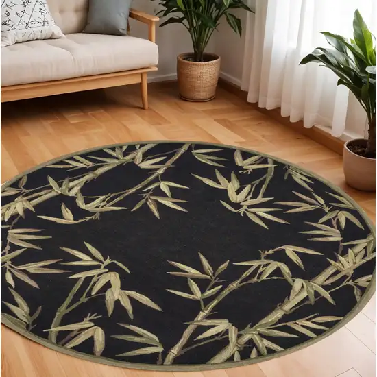 8' Black Green And Brown Wool Tropical Botanical Hand Tufted Round Rug Photo 1