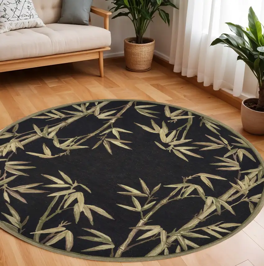 8' Black Green And Brown Wool Tropical Botanical Hand Tufted Round Rug Photo 1