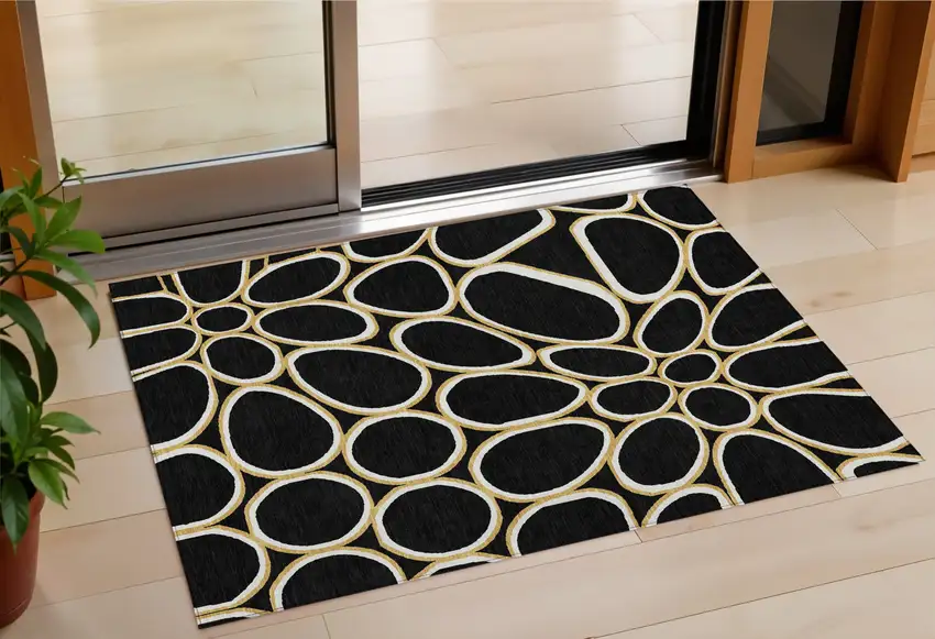 Black Ivory And Beige Abstract Washable Indoor Outdoor Area Rug Photo 1