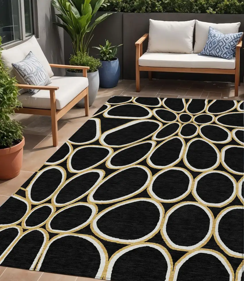Black Ivory And Beige Abstract Washable Indoor Outdoor Area Rug Photo 1