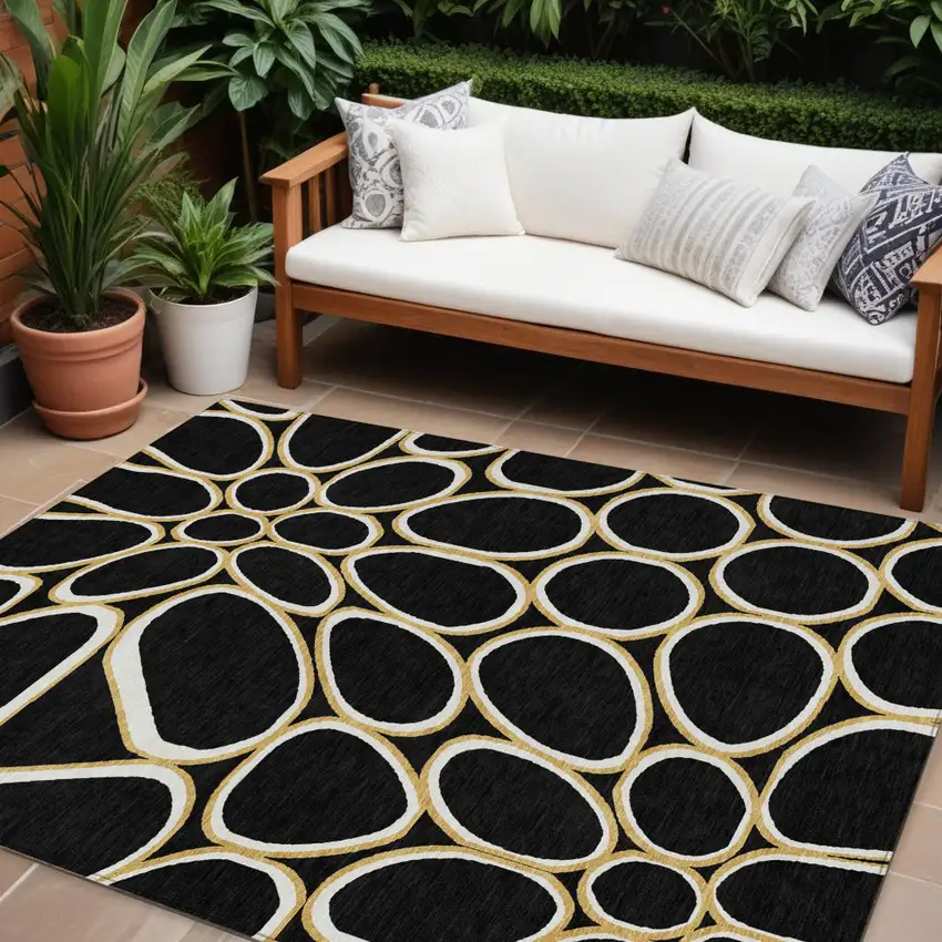 Black Ivory And Beige Abstract Washable Indoor Outdoor Area Rug Photo 1