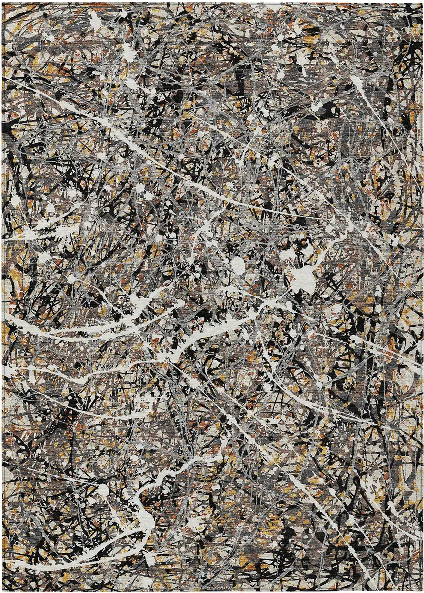 Black Ivory And Beige Abstract Washable Indoor Outdoor Area Rug Photo 1