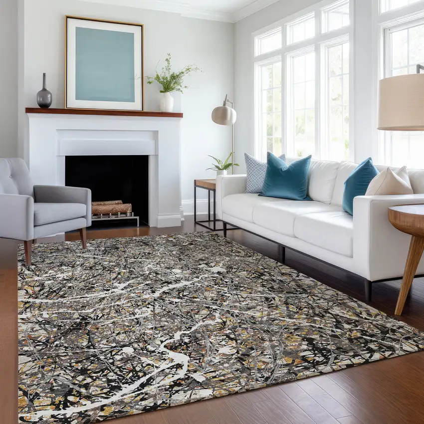 Black Ivory And Beige Abstract Washable Indoor Outdoor Area Rug Photo 6