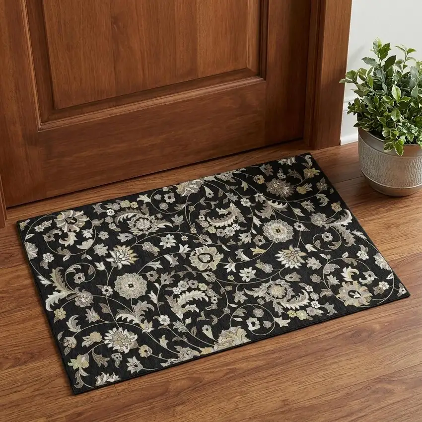 Black Ivory And Beige Floral Washable Area Rug With UV Protection Photo 1