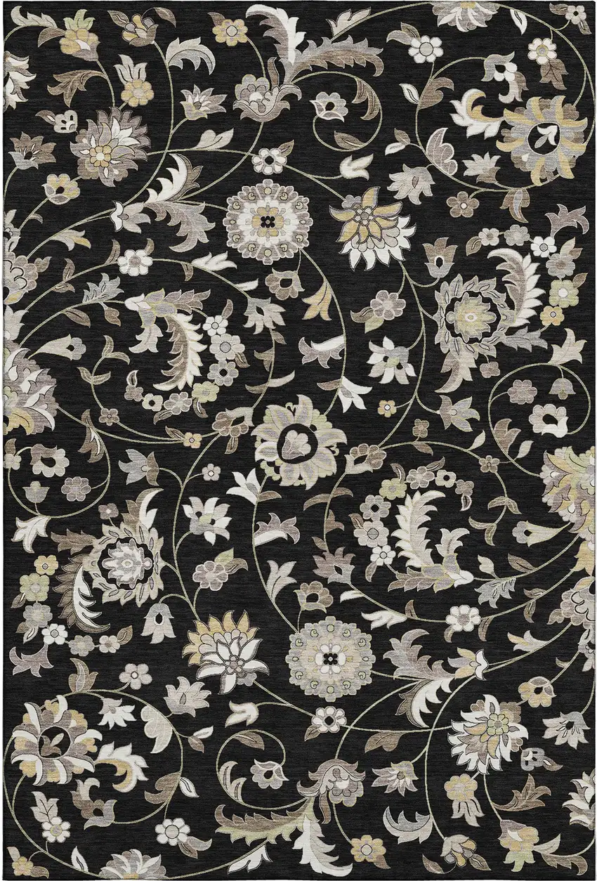 Black Ivory And Beige Floral Washable Area Rug With UV Protection Photo 6