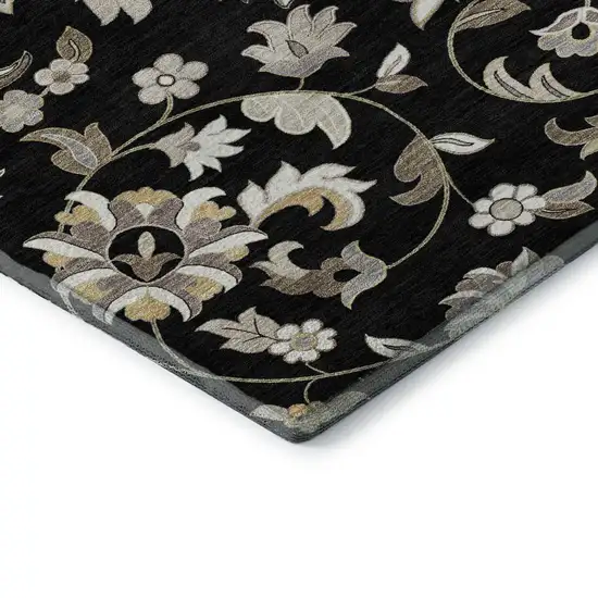 Black Ivory And Beige Floral Washable Area Rug With UV Protection Photo 9