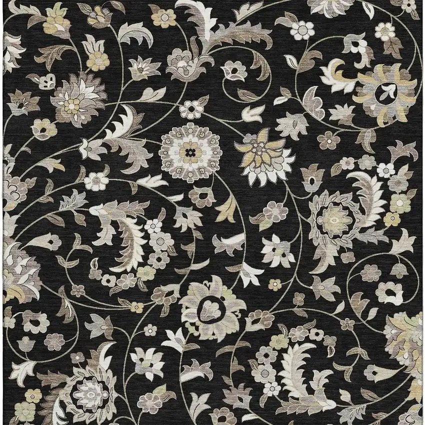 Black Ivory And Beige Floral Washable Area Rug With UV Protection Photo 4