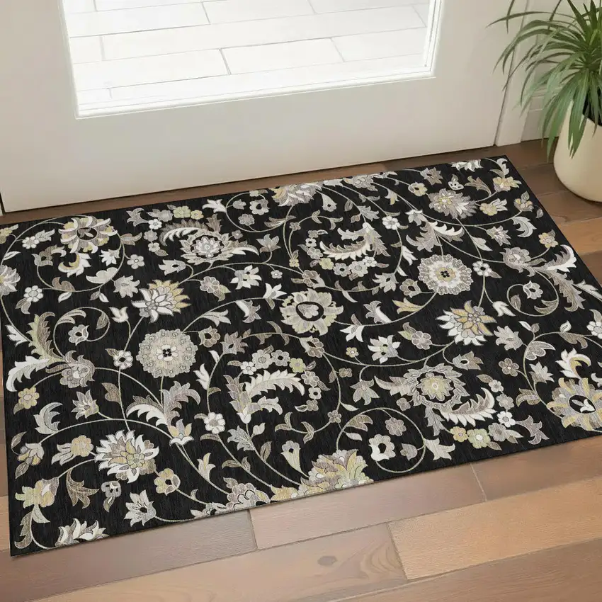 Black Ivory And Beige Floral Washable Area Rug With UV Protection Photo 1